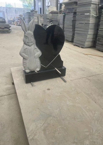 Black Granite Heart-shape Headstone With Rabbit Statue